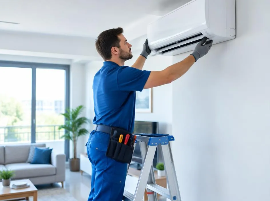 Technician installing a wall-mounted split air conditioner in a bright living room