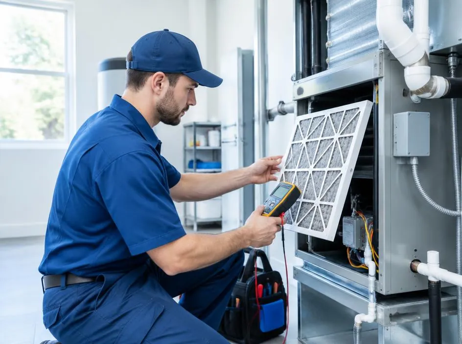 Technician performing scheduled maintenance on an air conditioning unit