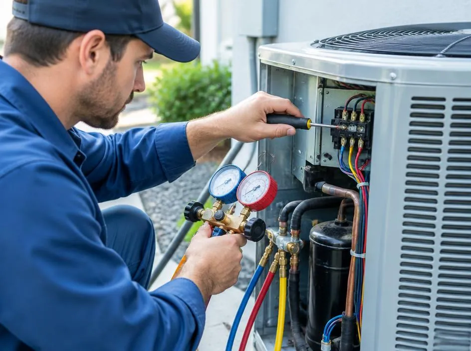 Technician repairing an outdoor air conditioner condenser with a diagnostic gauge
