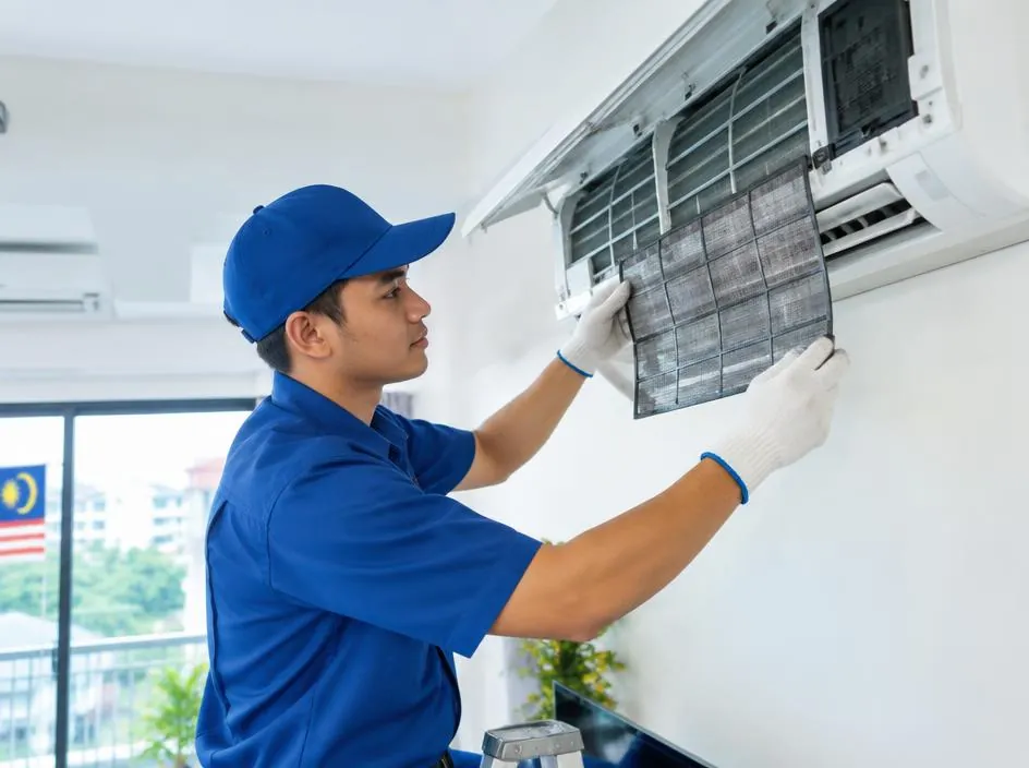 Technician in blue uniform removing the filter of a wall-mounted air conditioner for cleaning