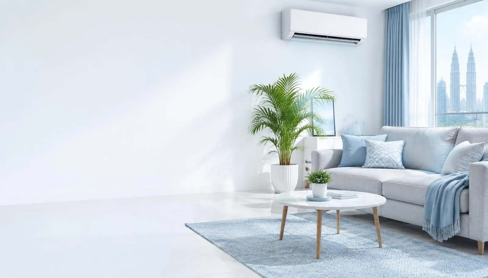 Bright Kuala Lumpur living room cooled by a wall-mounted air conditioner